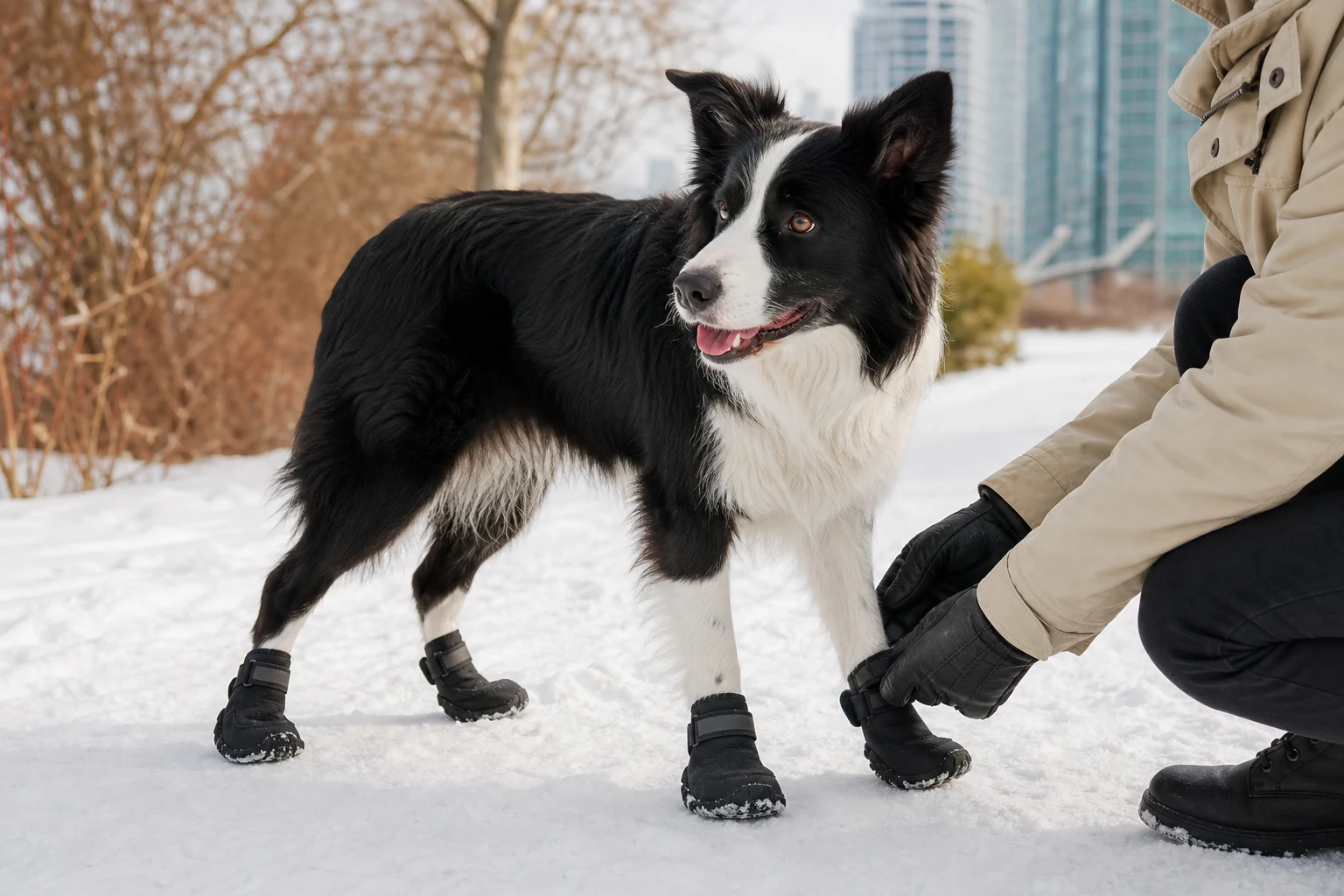 Dog boots and paw-care setup for Canadian weather