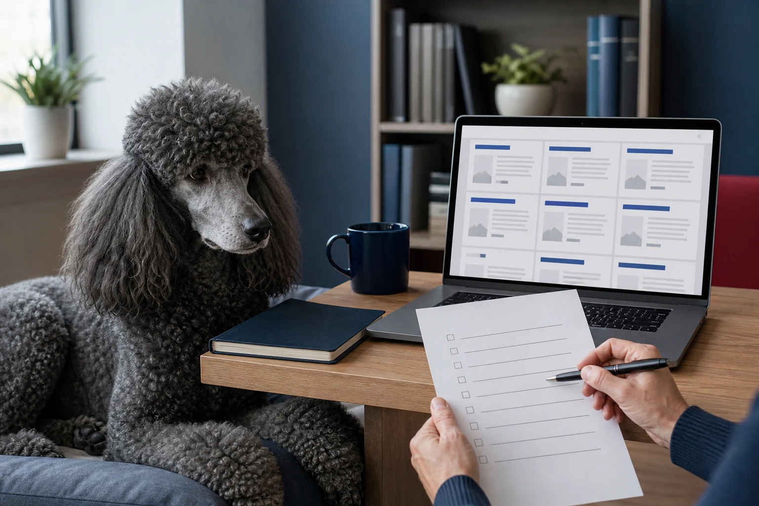 Laptop and notes for evaluating a canine website responsibly