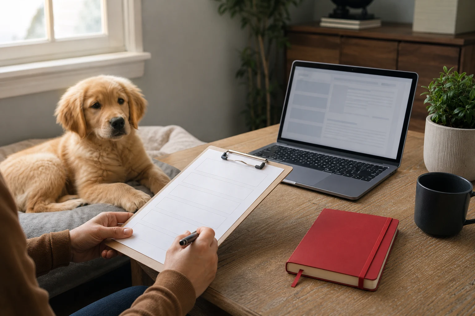 Illustrative puppy-deposit verification scene with a contract and payment checklist