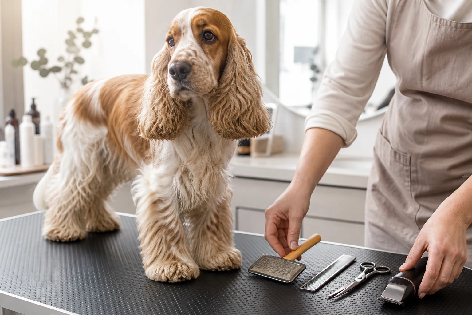 Grooming tools arranged safely for a show-coated dog