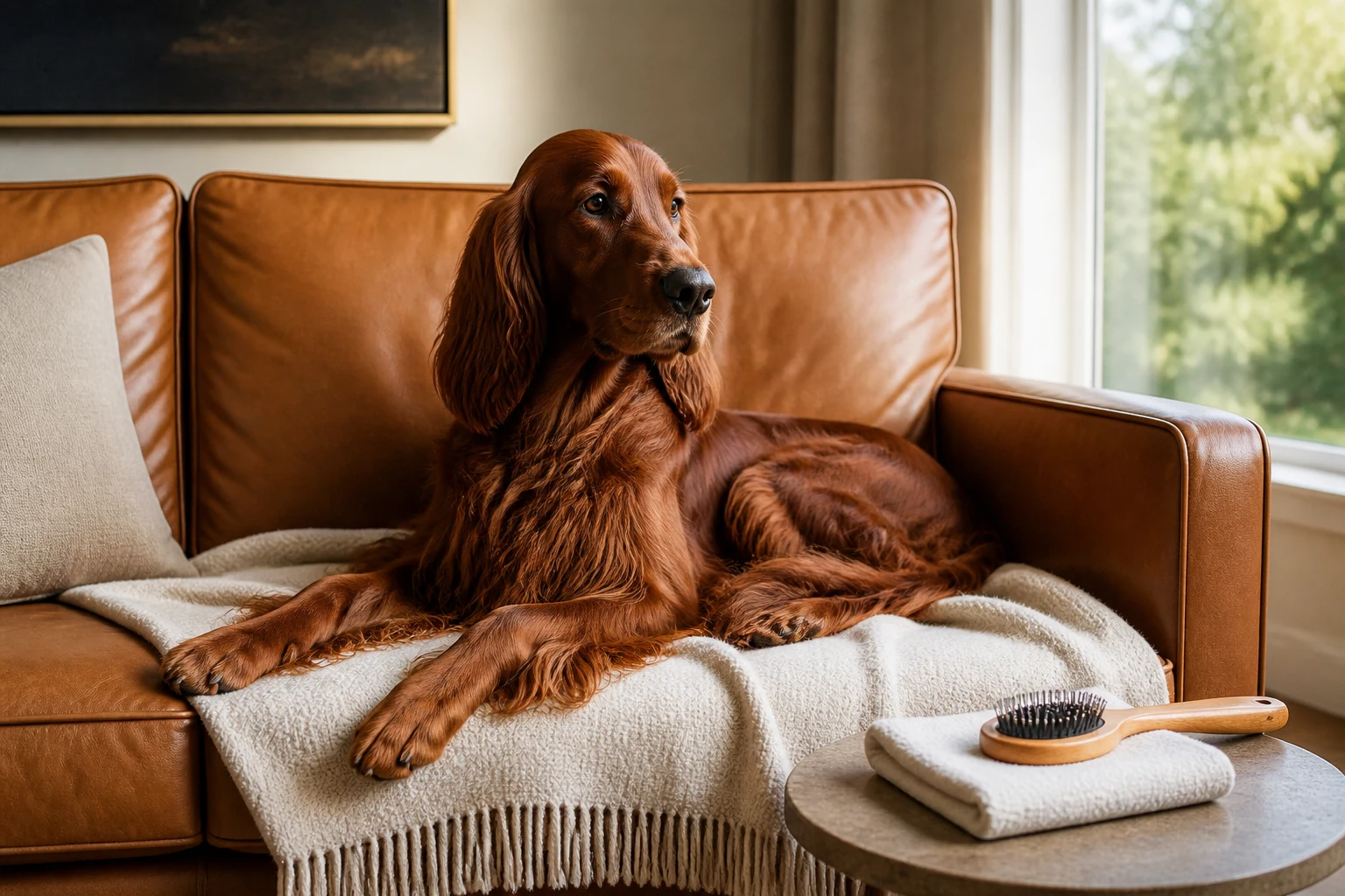 Show-coated dog resting at home after a calm coat-care routine